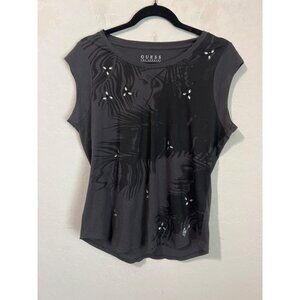 Guess Sz M Black Tee Shirt with Crystal Embellishments Cap Sleeve